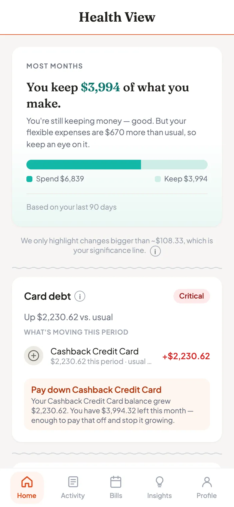 The Health View screen reading "You keep $3,994 of what you make", with a spend-versus-keep bar and a card-debt panel flagged Critical showing a $2,230.62 increase and the card driving it.