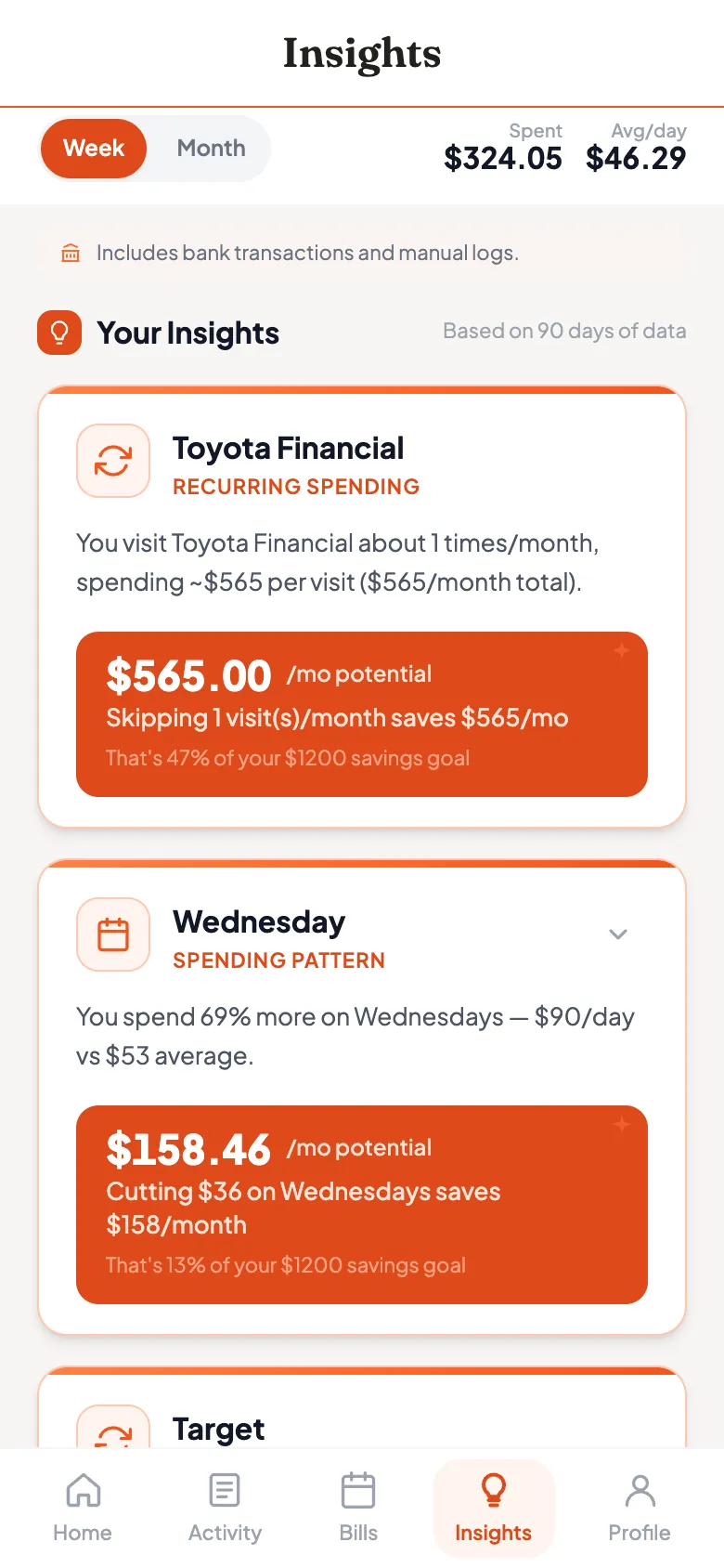 The Insights screen showing a recurring-spending card worth $565 a month and a Wednesday spending-pattern card worth $158.46 a month, each expressed as a share of the savings goal.