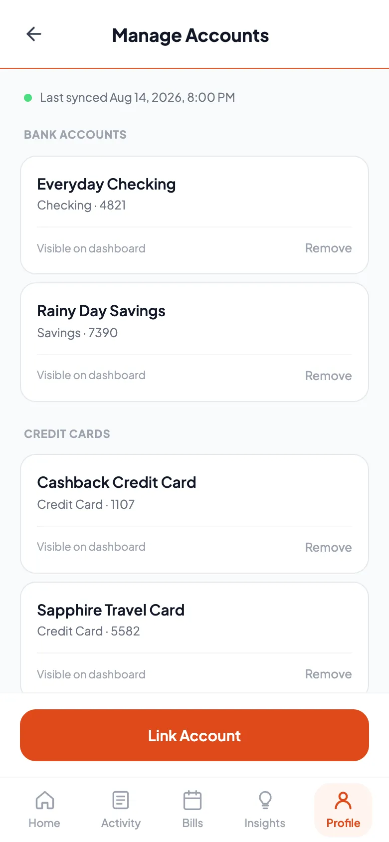The Manage Accounts screen listing linked checking, savings and credit card accounts with their last sync time, each with a Remove control, above a "Link Account" button.