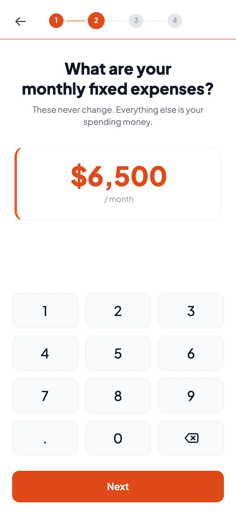 Onboarding step 2 asking "What are your monthly fixed expenses?" with $6,500 entered.