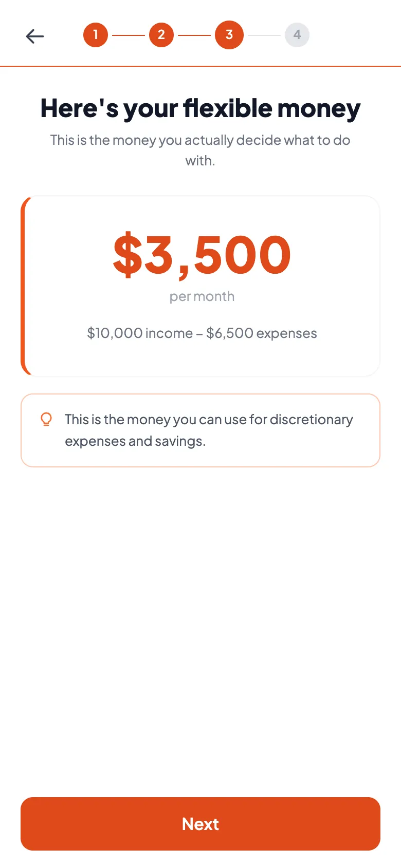 Onboarding step 3, "Here's your flexible money", showing $3,500 per month calculated as $10,000 income minus $6,500 expenses.