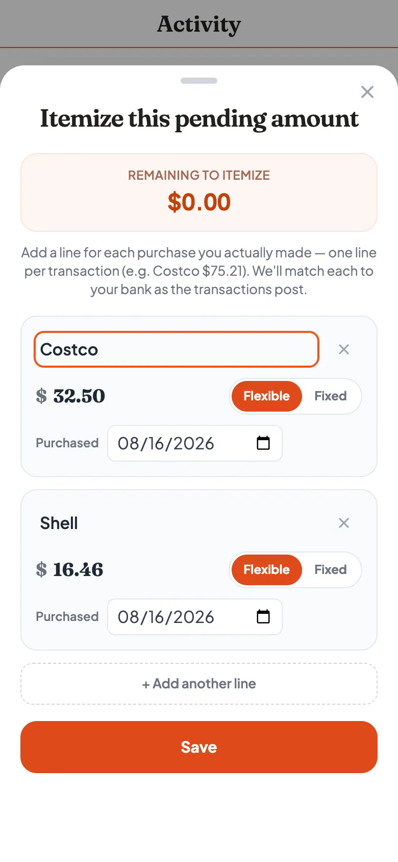 The "Itemize this pending amount" sheet splitting $48.96 into two lines — Costco $32.50 and Shell $16.46, each toggleable between Flexible and Fixed — bringing the remaining amount to itemize down to $0.00.
