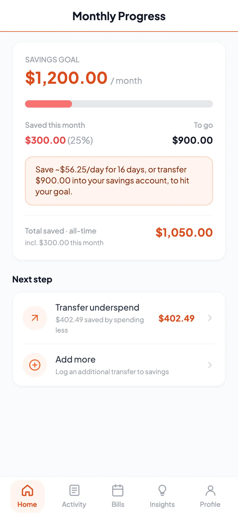 The Monthly Progress screen showing a $1,200 monthly savings goal with $300 saved and $900 to go, and a "Transfer underspend" next step worth $402.49.