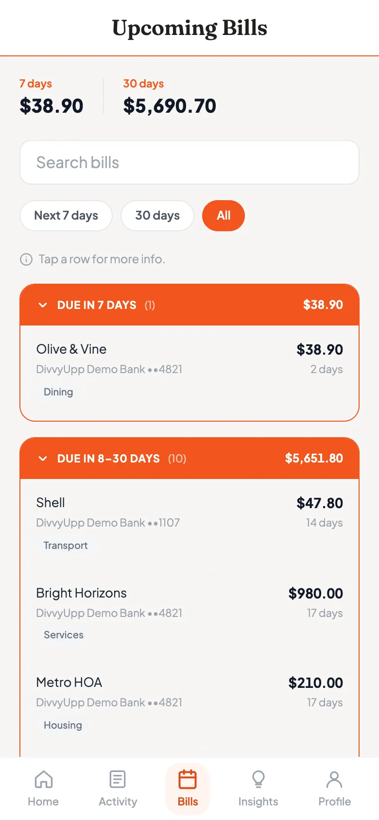 The Upcoming Bills screen showing $38.90 due within 7 days and $5,690.70 within 30 days, with bills grouped by due window and each showing its account and days remaining.
